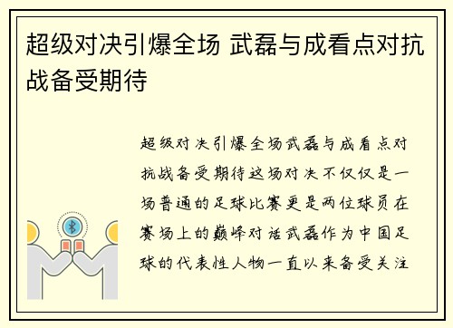 超级对决引爆全场 武磊与成看点对抗战备受期待