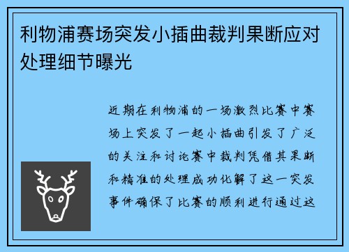 利物浦赛场突发小插曲裁判果断应对处理细节曝光 利物浦赛场突发小插曲裁判果断应对处理细节曝光